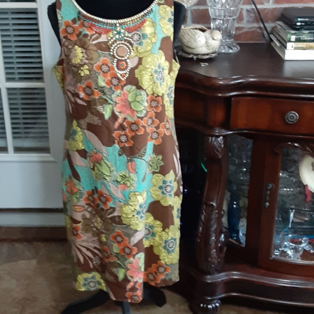 Signature by Robbie Bee linen sleeveless sheath brown lime aqua floral 10 EUC …